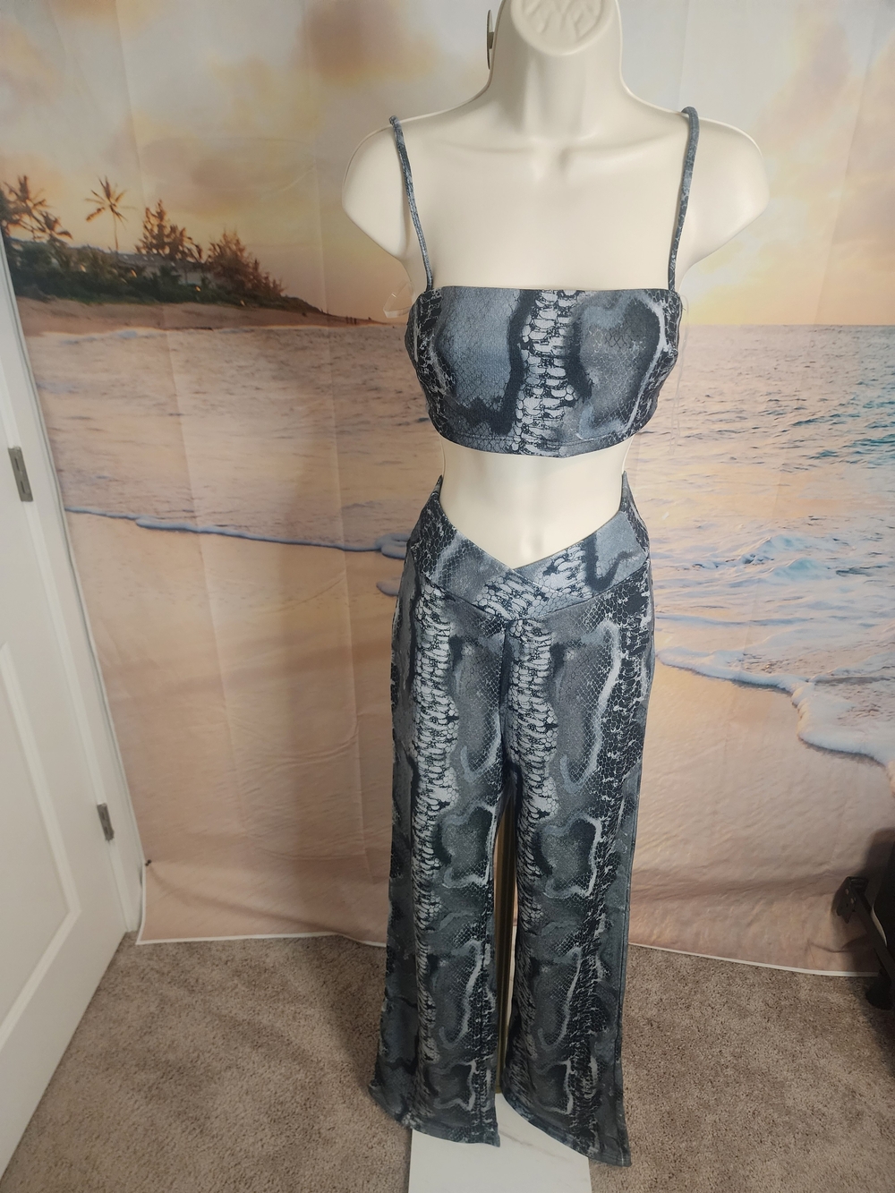 Winwin Snake Print Two-Piece Crop Top & Wide-Leg Pants Set - Gray NWOT